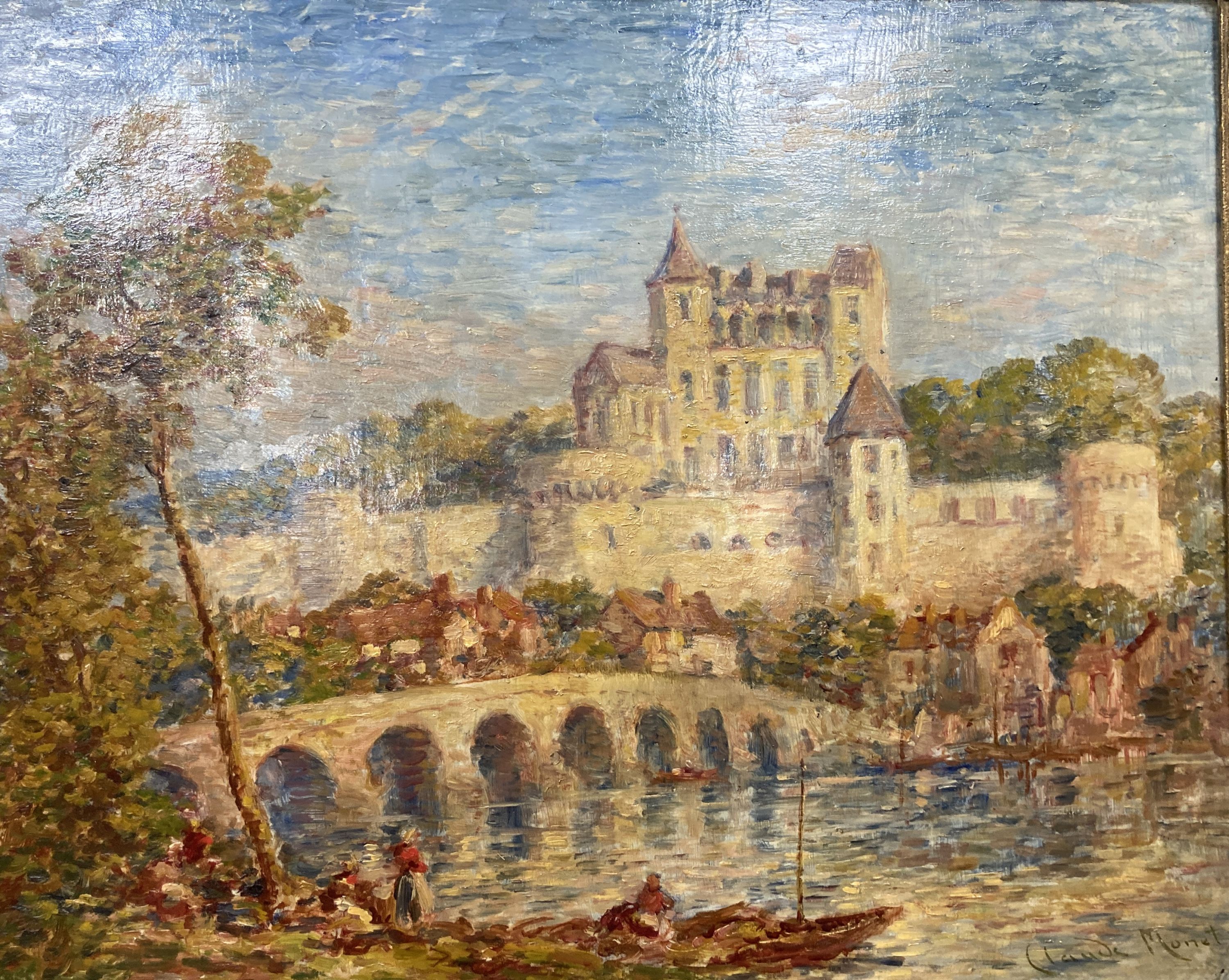 Style of Claude Monet, oil on canvas, river landscape with chateau, bridge and figures in the foreground